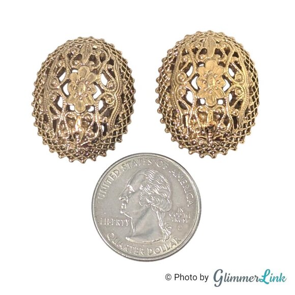 Vintage 1928 Co Oval Floral Filigree Lattice Dome Gold Tone Clip On Earrings - Picture 5 of 10